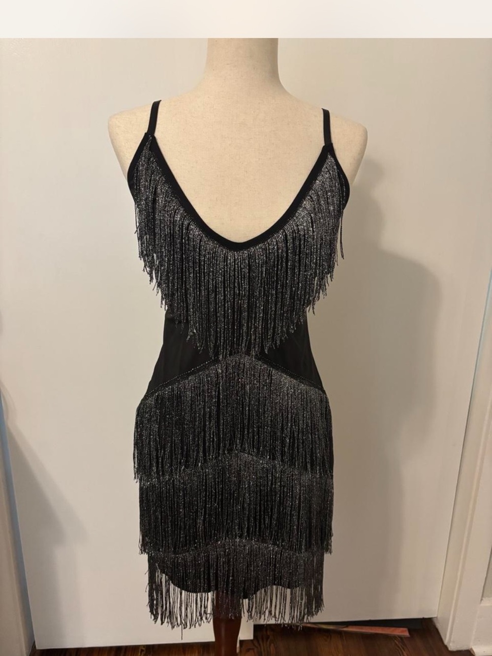 1920 Flapper Girl Costume Black Fringe Party Dress with Silver Metallic Accents